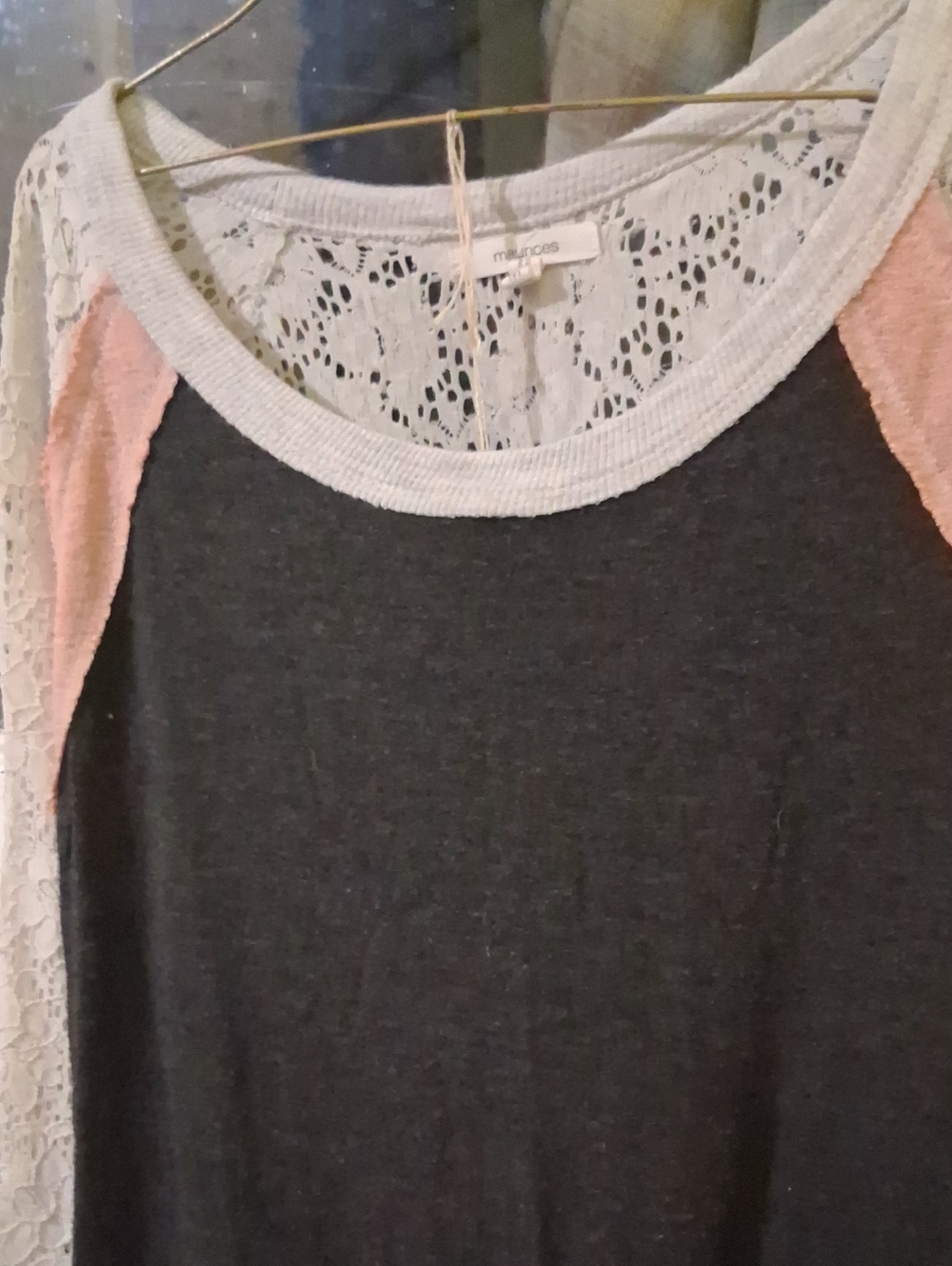 Mudd Charcoal Crew with Blush Raglan and Cream Lace Back